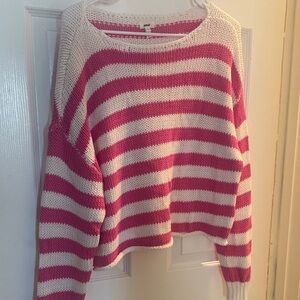 Aerie Striped Crew Neck Sweater - Pink and White